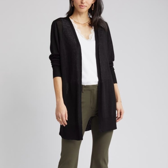 HALOGEN Linen Side Slit Cardigan Size XS Petite Striped - Picture 5 of 6